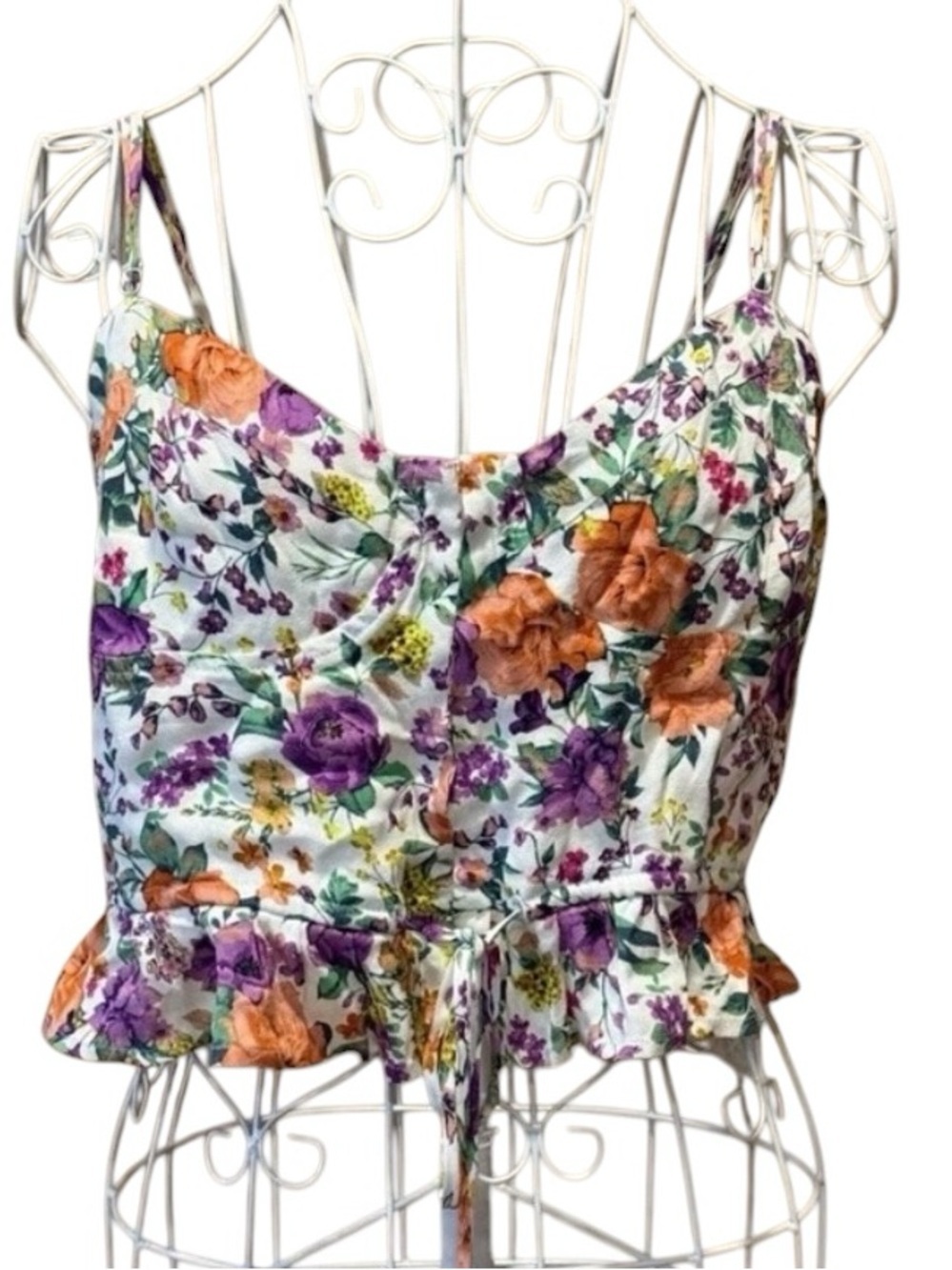 Floral Bustier Crop Top Peplum Spaghetti Strap Tie Waist White L